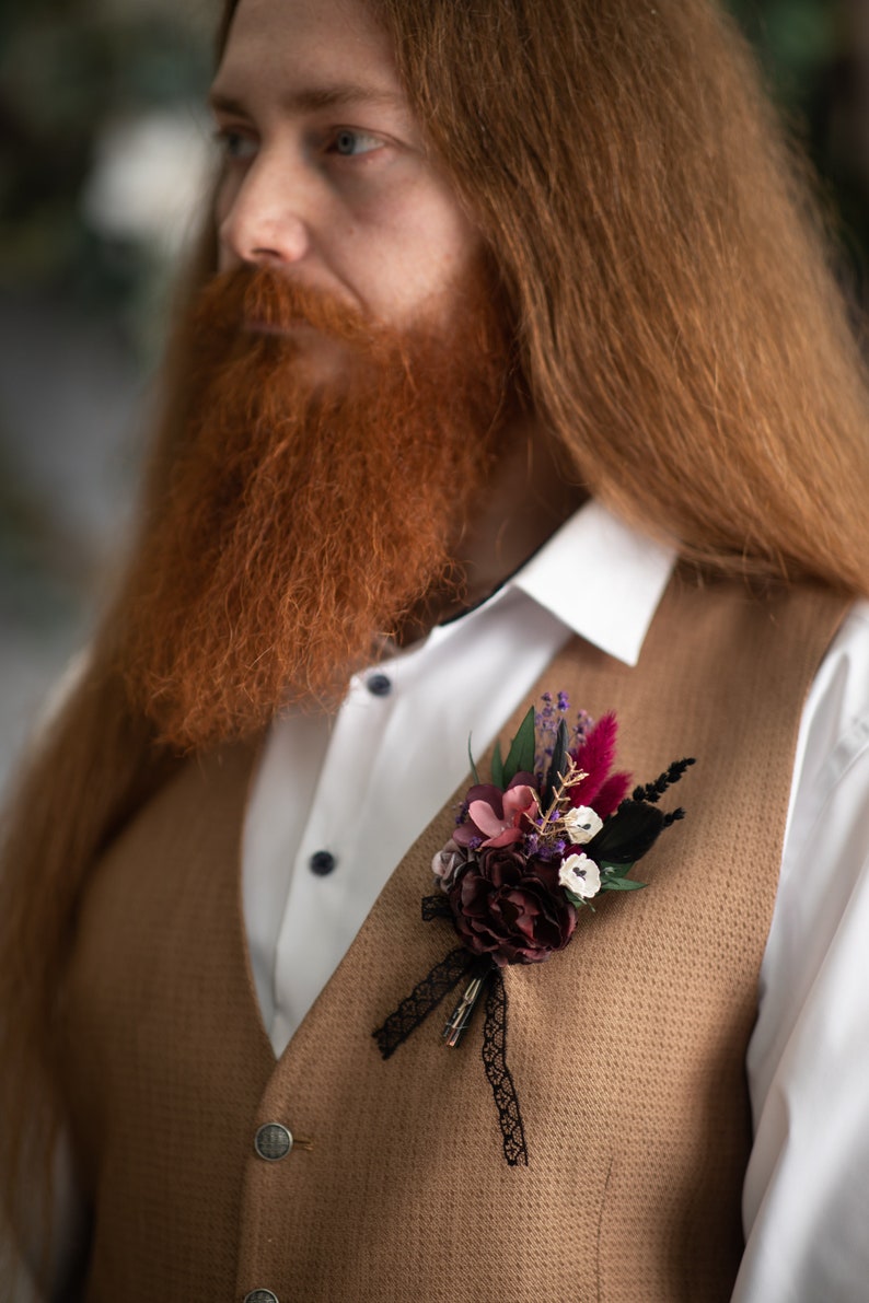 Burgundy Flower Boutonniere: Dark Gothic Wedding Groom Accessory image 9