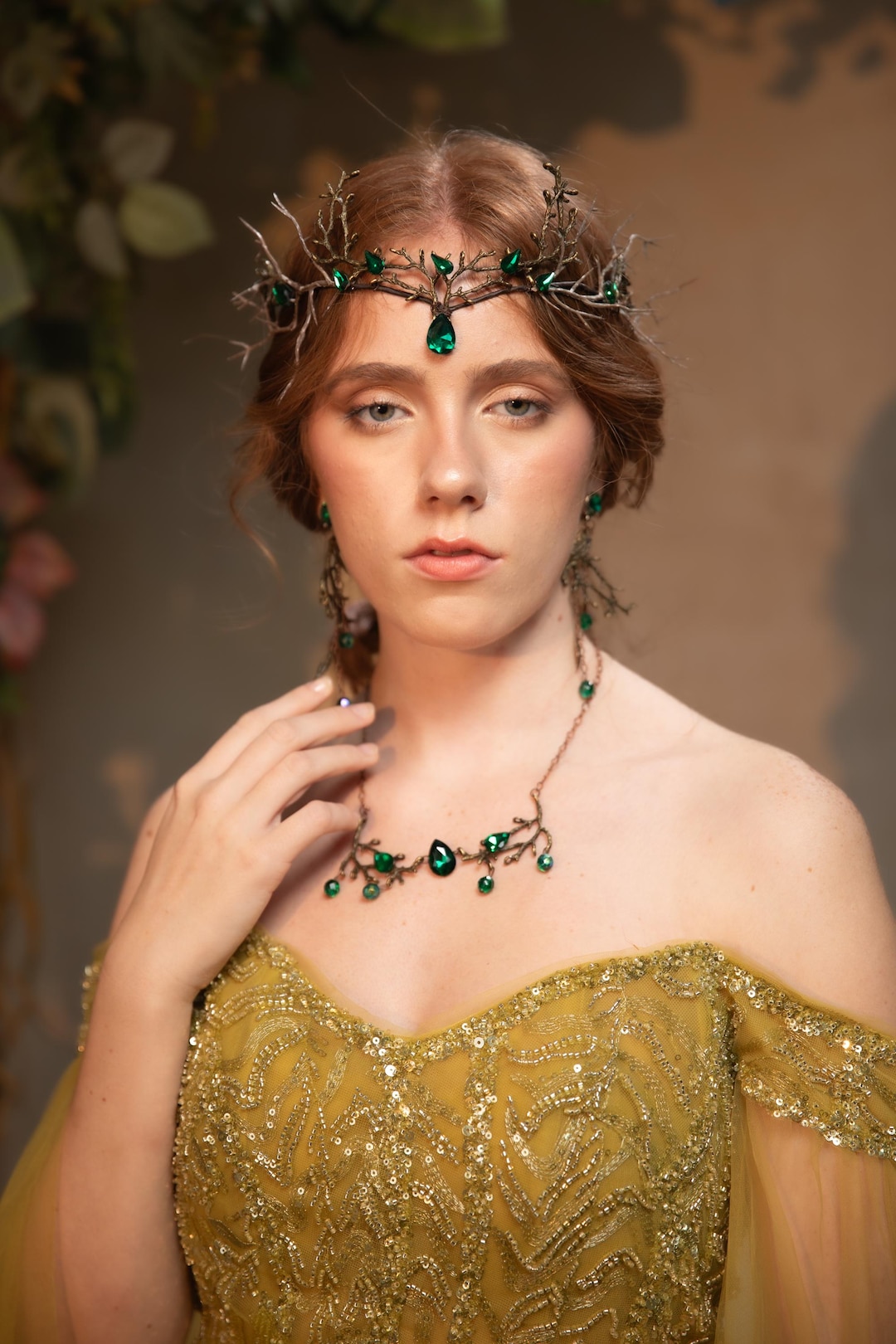 green dress gold accessories Emerald Fairy Tiara - Woodland Bridal & Fantasy Crown what color earrings with green dress