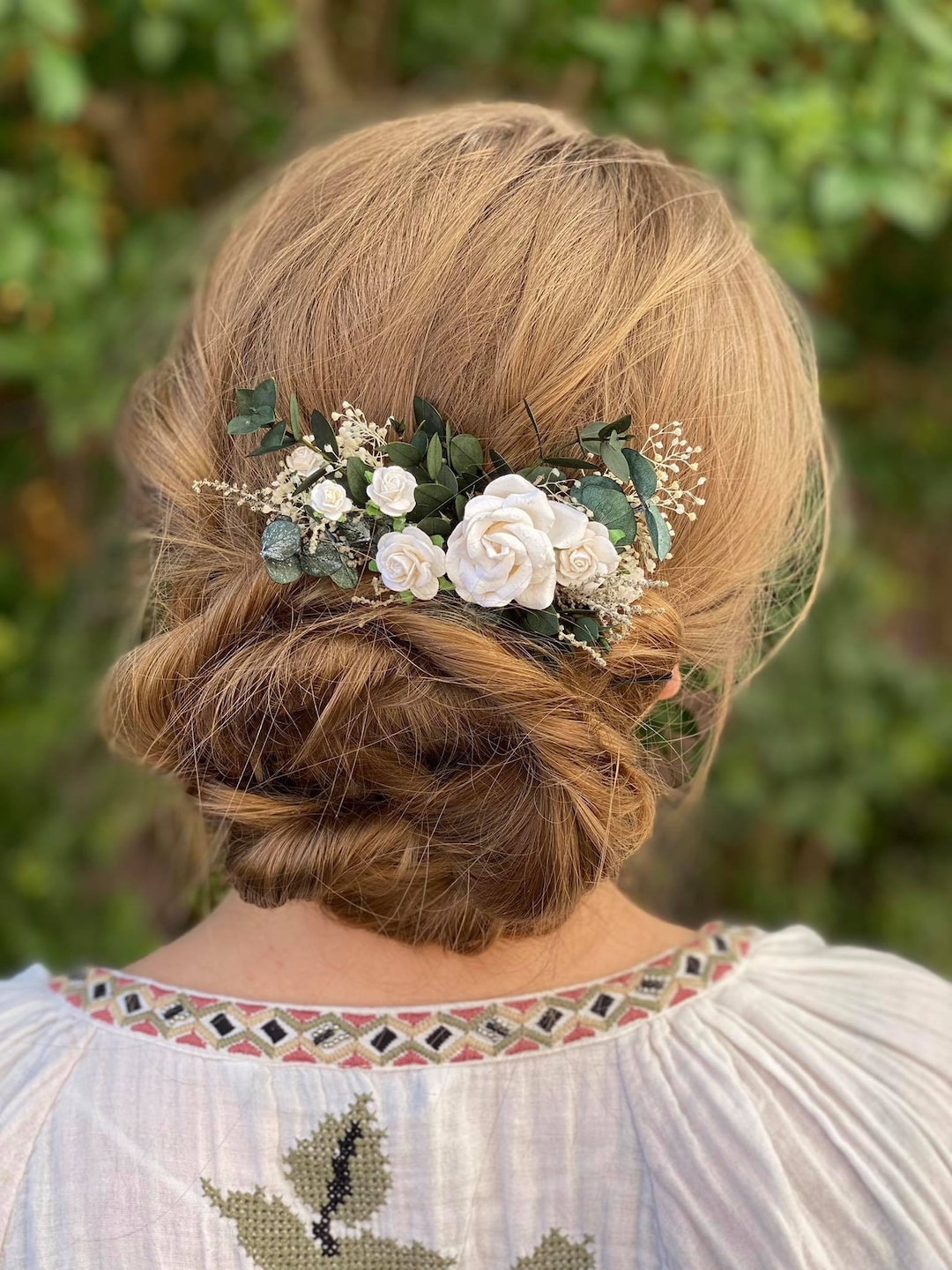 Bridal Flower Hair Comb: Romantic Greenery, White Roses  display picture 1