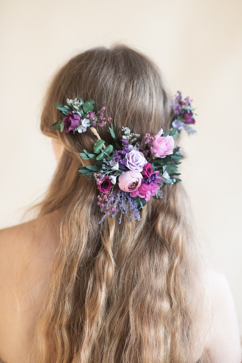 Purple flower hair vine Wedding flower hair vine Bridal hair flowers Very peri wedding crown Bridal half wreath Magaela Violet wedding image 5