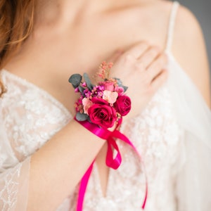 Fuchsia flower bracelet Magenta bridal bracelet Romantic Pink rose wrist corsage Bridesmaid gift Wedding accessories Magaela jewellery Bracelet