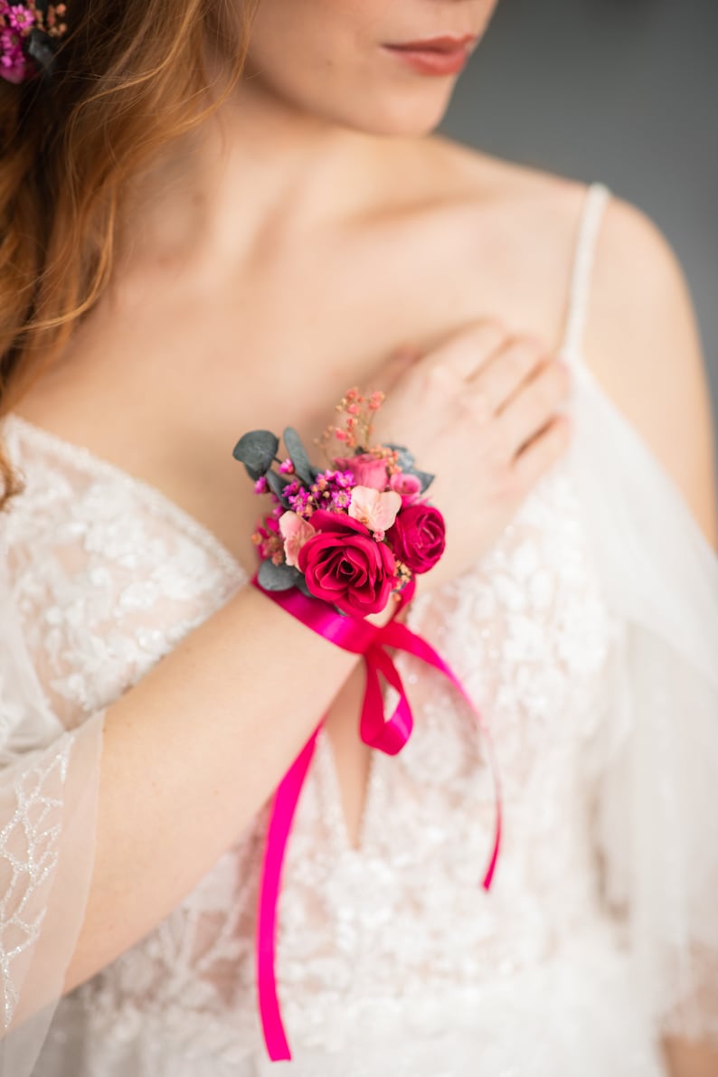 Fuchsia flower bracelet Magenta bridal bracelet Romantic Pink rose wrist corsage Bridesmaid gift Wedding accessories Magaela jewellery Bracelet