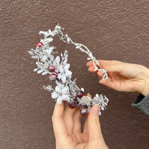 Winter flower half wreath Frozen flower headband with rose hips White winter wedding flower crown Christmas photoshoot X-mas party Magaela