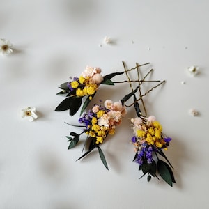 Forcine fiori di prato Forcine giallo viola Matrimonio estivo Forcine fiori stabilizzati Accessori per capelli Motivo prato Forcine eucalipto
