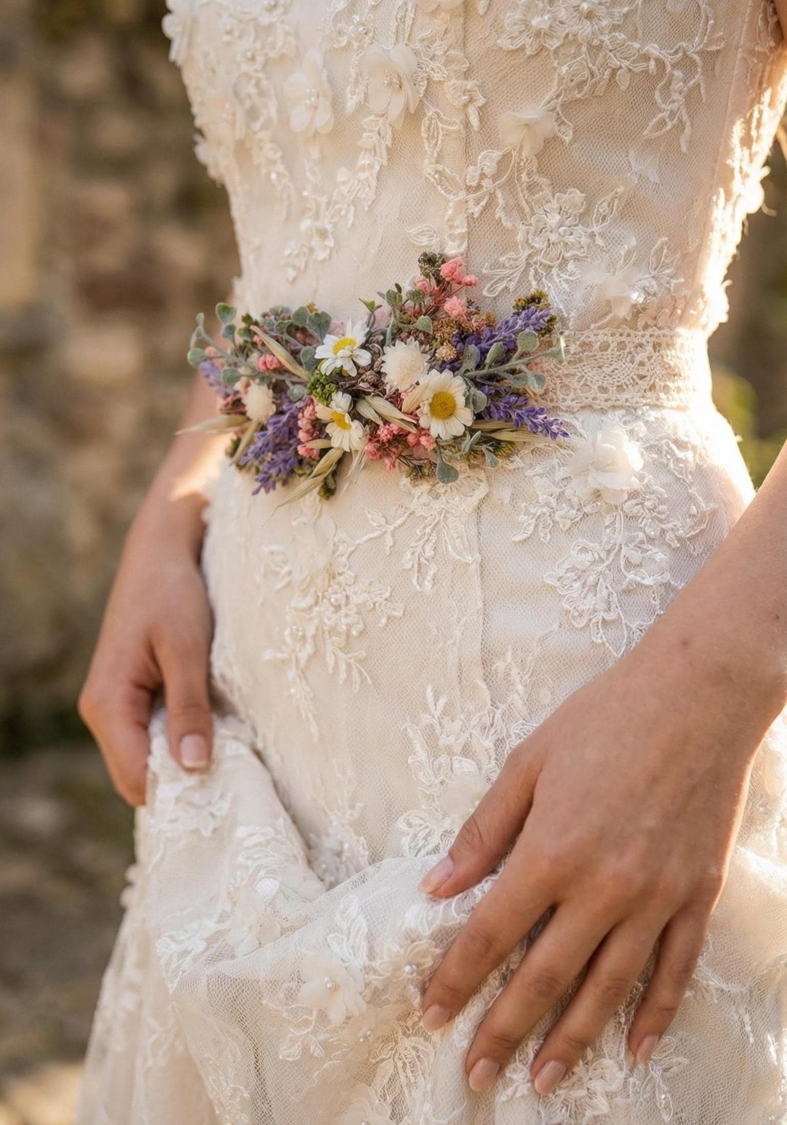 boho wedding dress belt Wildflower Bridal Belt: Daisy Lavender Meadow Flower, Boho Wedding