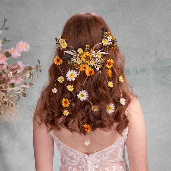 Romántica enredadera nupcial flexible con velo de flores Peinado nupcial Enredadera de pelo shapable Accesorio para el cabello de girasol Flores amarillas Boda de verano