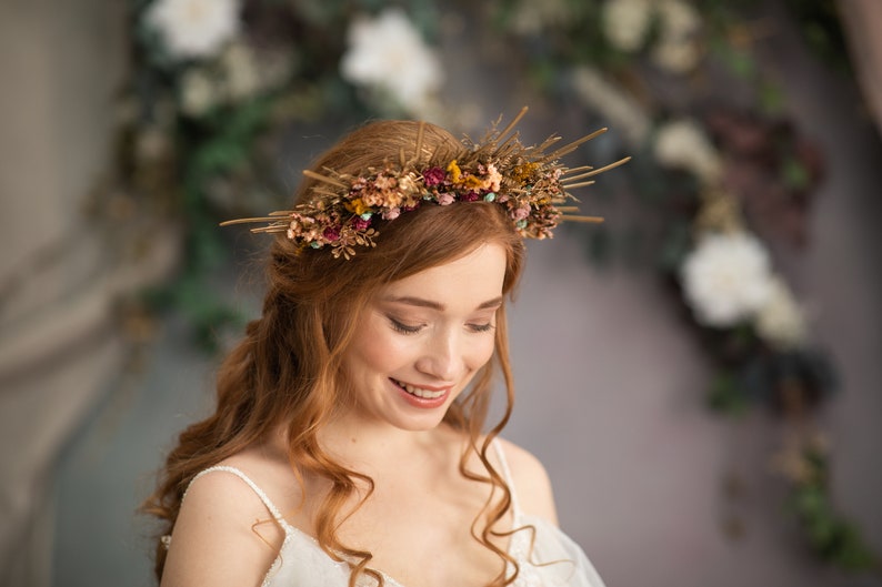 Autumn flower halo crown Sun ray fall halo crown Burgundy pink Spiked wedding crown Met gala headband Golden bridal spike crown Magaela image 4