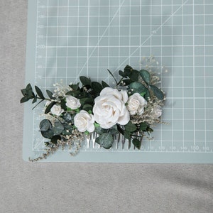 Romantic greenery hair comb Bridal flower comb with roses White and green hair comb Boho wedding Off white headpiece Magaela handmade image 6