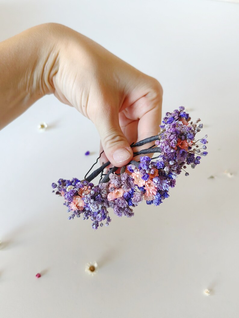 Purple flowers dried hairpins Lilac and pink baby's breath flower clips Romantic violet wedding Bridal flower hair pins Bridal hair Magaela image 6