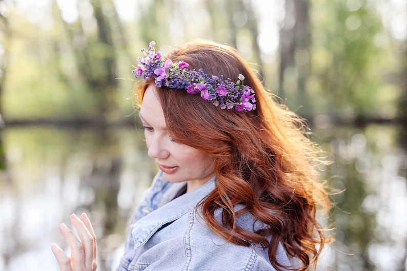 Purple flower half crown Bridal headpiece Durable wreath 2021 Wedding Lavender Natural looking crown Magaela Violet wedding accessories image 3