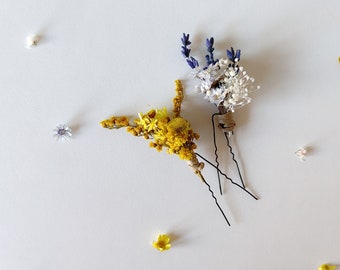 Natural lavender flower hairpins Preserved flower hair pins Yellow and blue hairpins Bridal flower hair Summer rustic wedding Meadow Magaela