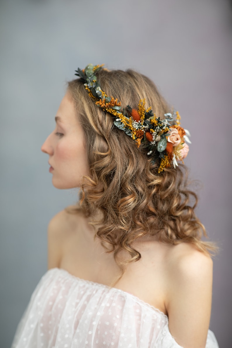 Boho wedding headpiece Bohemian flower crown Terraccota wedding Hair wreath with hair comb Summer wedding Autumn wedding Cottagecore Magaela image 7