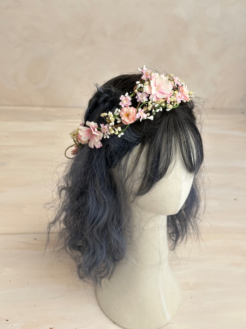 Blush flower wedding wreath with vines Bridal crown Boho wedding hair flowers Bridal hairstyles Magaela Bride to be Long hanging vines image 4