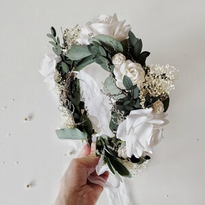 Eucalyptus bridal hair wreath Eucalyptus and white roses crown Greenery wedding Boho flower crown Fairycore Flower boho wreath Bride to be image 6