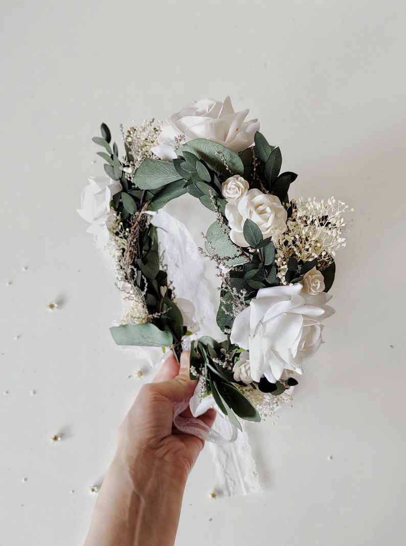 Eucalyptus bridal hair wreath Eucalyptus and white roses crown Greenery wedding Boho flower crown Fairycore Flower boho wreath Bride to be image 6