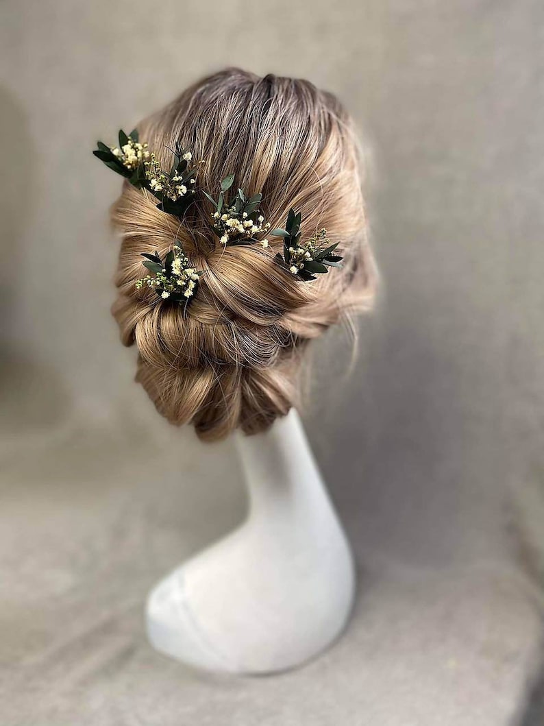 Épingles à cheveux de verdure Épingles à cheveux d'eucalyptus de souffle de bébé Coiffe de mariage Épingles de mariée vertes Mariée à être Épingles à cheveux en ivoire naturel Personnalisable image 10