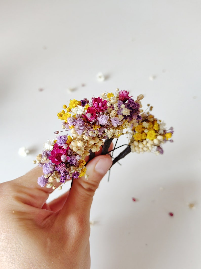 Summer dried flower hairpins Magenta violet yellow hairpins Preserved flowers Bridal hair accessories Natural preserved hairpins Magaela image 7