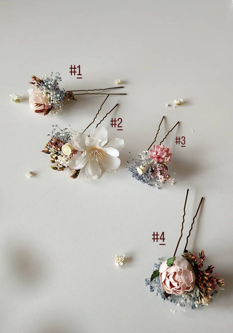 Blush flower hairpins Pink cream blue flowers Hair accessory Hairpins Flower hairpins Bridal hair Set of hair pins Flower hair Magaela image 2