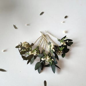 Greenery hairpins Baby's breath eucalyptus hair pins Wedding headpiece Green Bridal pins Bride to be Natural ivory hairpins Customisable image 2