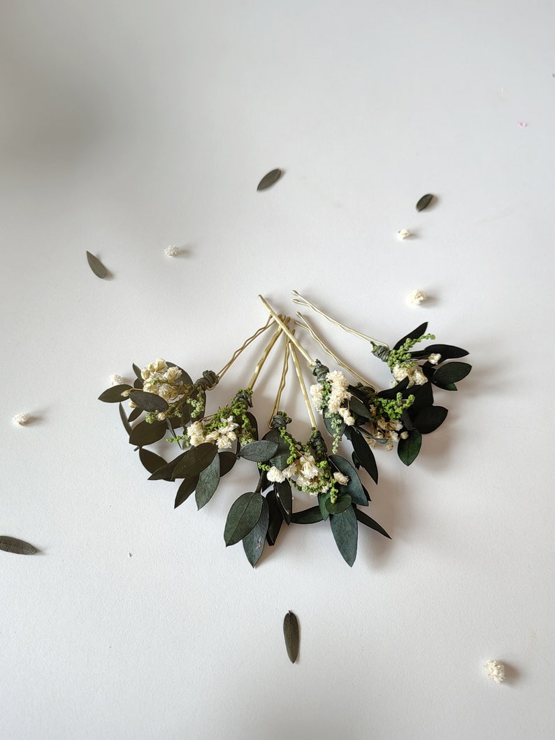Greenery hairpins Baby's breath eucalyptus hair pins Wedding headpiece Green Bridal pins Bride to be Natural ivory hairpins Customisable image 2