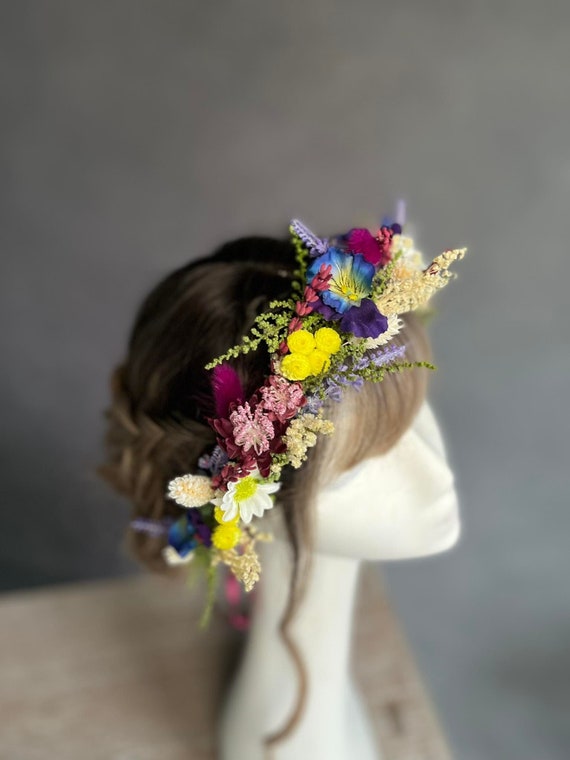 Meadow Wedding Crown Blue and Fuchsia Bridal Crown Bride to