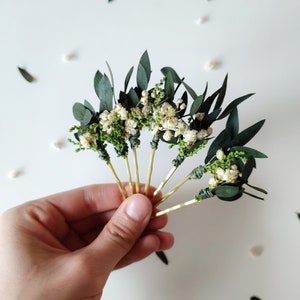 Greenery hairpins Baby's breath eucalyptus hair pins Wedding headpiece Green Bridal pins Bride to be Natural ivory hairpins Customisable image 3