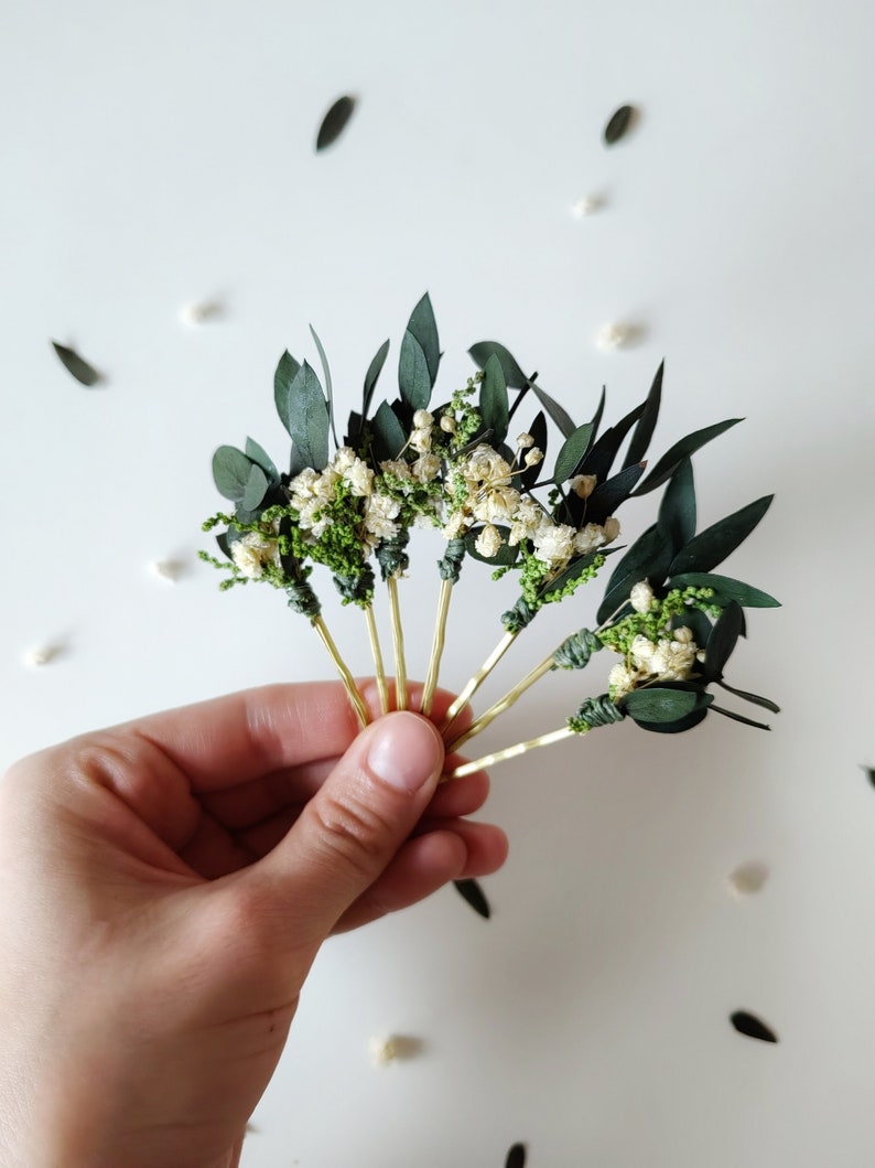 Greenery hairpins Baby's breath eucalyptus hair pins Wedding headpiece Green Bridal pins Bride to be Natural ivory hairpins Customisable image 3