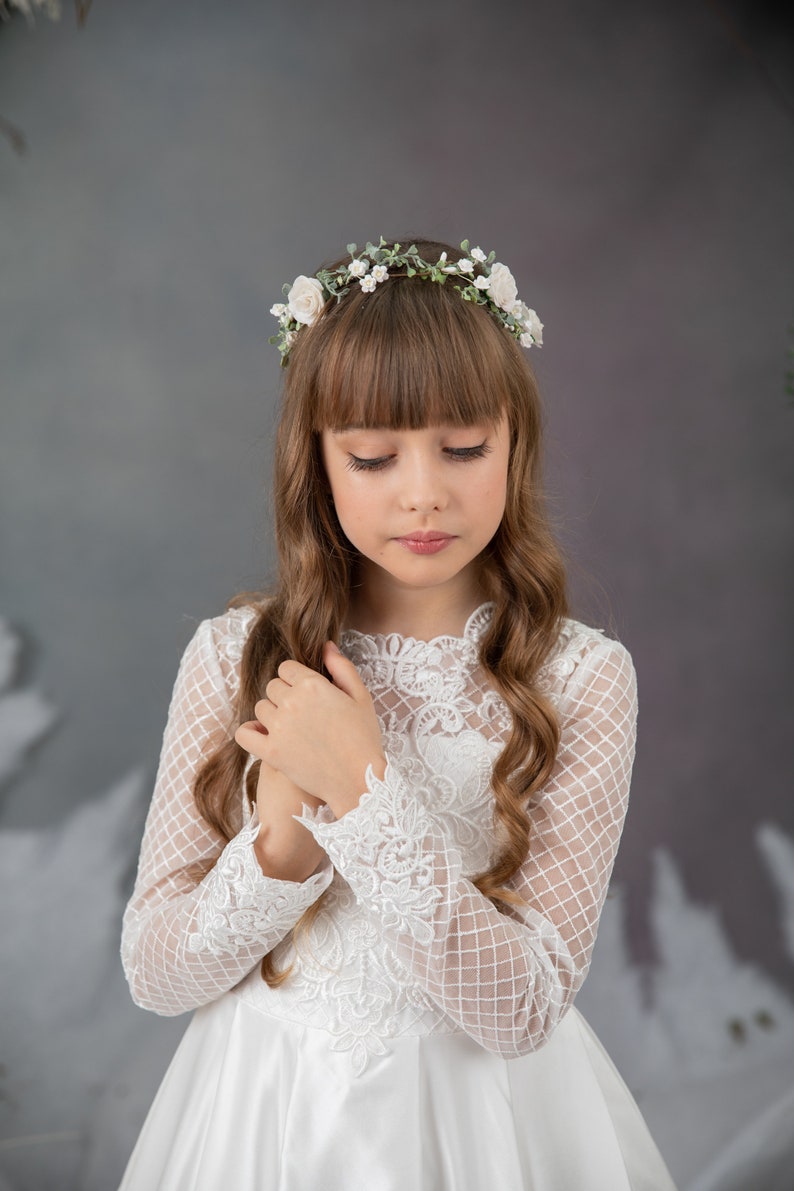 First holy communion flower crown White roses hair wreath Wedding accessories Communion hair accessories Flower headpiece for girl Magaela image 2