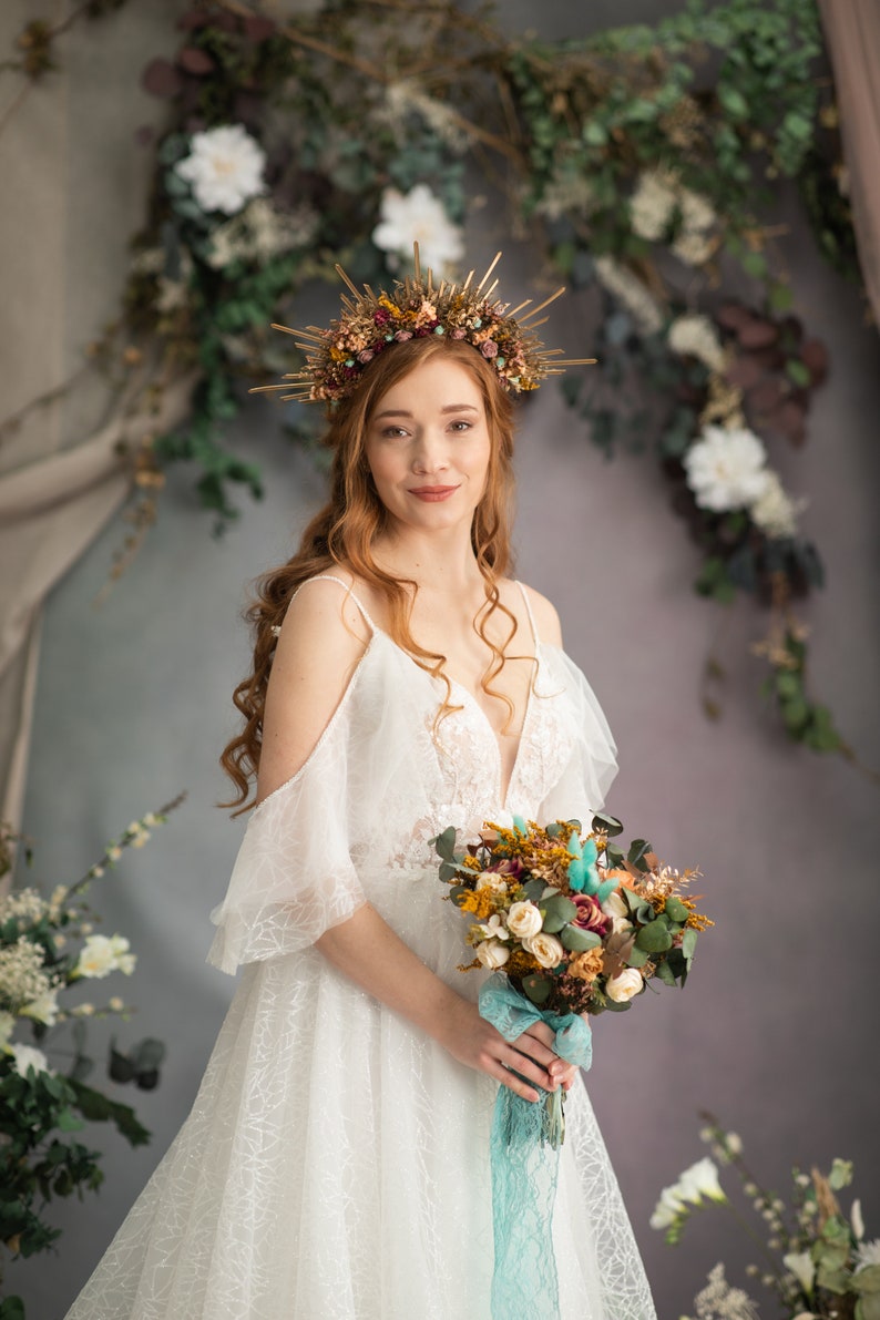 Autumn flower halo crown Sun ray fall halo crown Burgundy pink Spiked wedding crown Met gala headband Golden bridal spike crown Magaela image 6