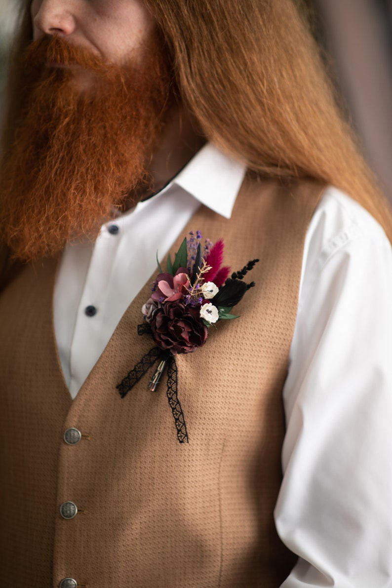 Burgundy Flower Boutonniere: Dark Gothic Wedding Groom Accessory image 8