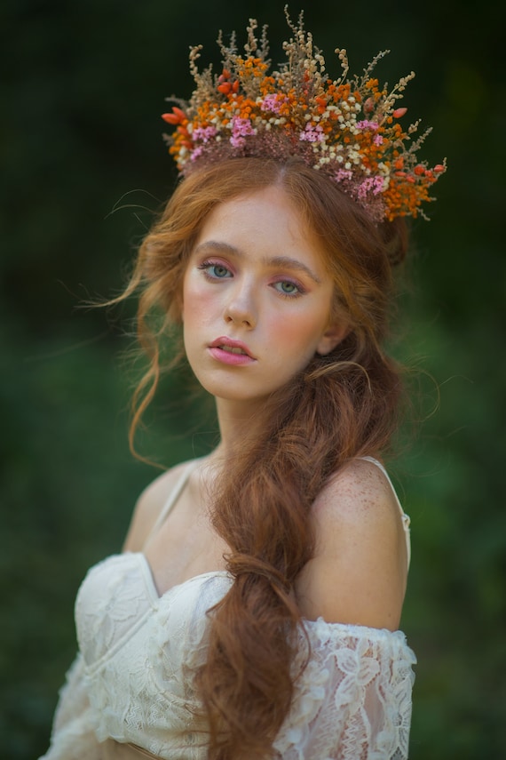 Fascia da sposa Accessori da sposa Corona di fiori secchi arancioni e rosa Accessori da sposa Fascia Frida Autunno Corona per capelli per la sposa Magaela Etsy Italia