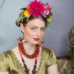 Fuchsia flower headband Frida Kahlo hair crown Colourful wedding hairband Dahlia wedding crown Mexican Day of the Dead Halloween wedding image 10