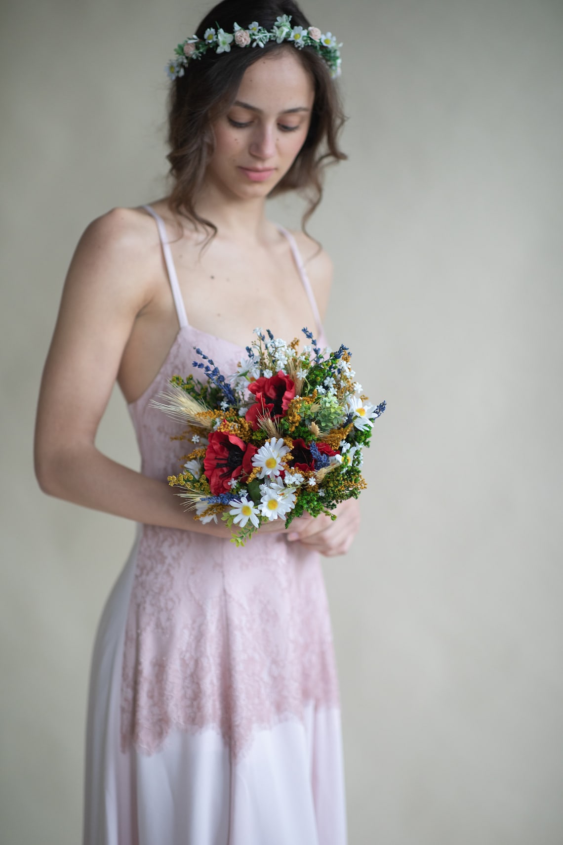 Folk bridal bouquet Meadow wedding bouquet Poppy flowers and image 2