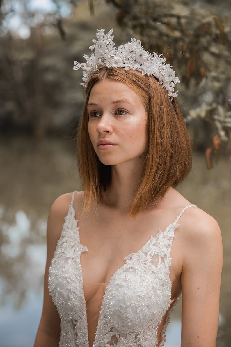 Silver and white wedding crown Wedding wreath Floral crown Floral accessories Wedding hair wreath Bridal accessories magaela Handmade crown