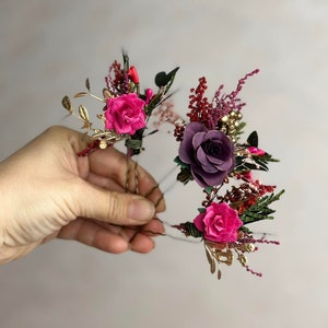 Set of fuchsia flower accessories Flower bridal hair comb Purple hair pin wedding Flower Magaela accessories Bridal hairpin Flower hair comb image 7