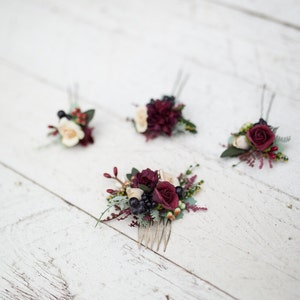 Mini Hair combs floral marshal burgundy flowers wedding comb bridal hair fashion accessories barn wedding woodland style image 5