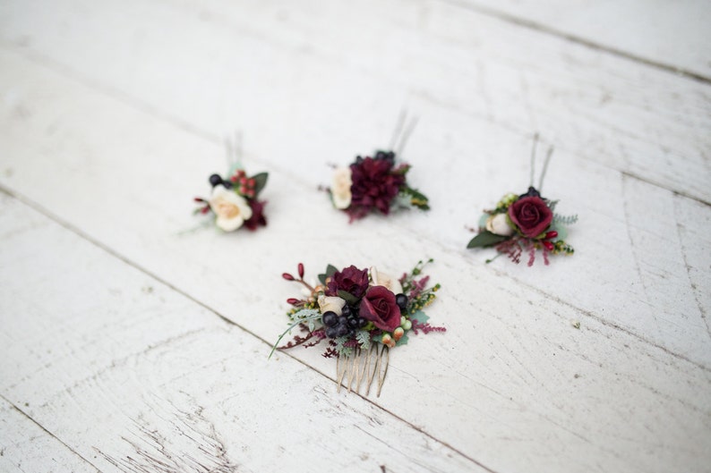 Mini Hair combs floral marshal burgundy flowers wedding comb bridal hair fashion accessories barn wedding woodland style image 5