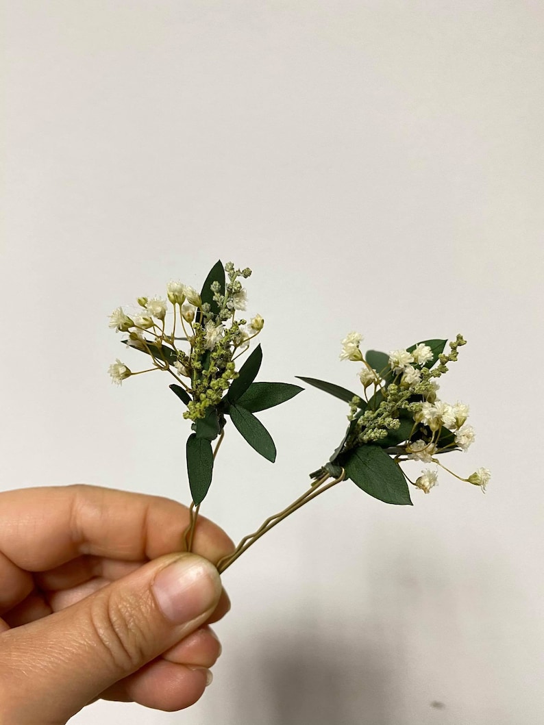 Greenery hairpins Baby's breath eucalyptus hair pins Wedding headpiece Green Bridal pins Bride to be Natural ivory hairpins Customisable image 7