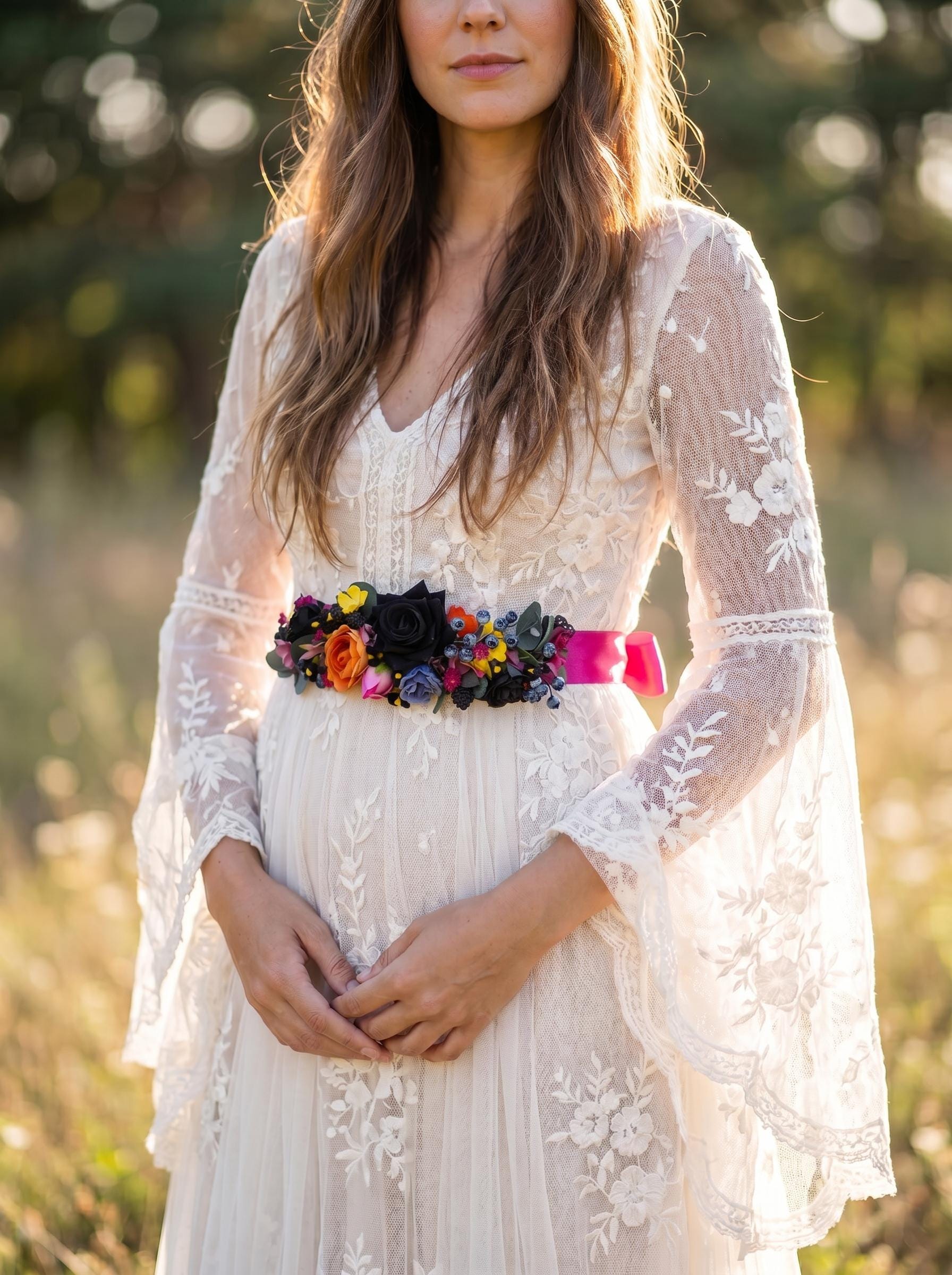 Black Rose Wedding Belt: Magenta Ribbon, Boho Bridal Flower Belt