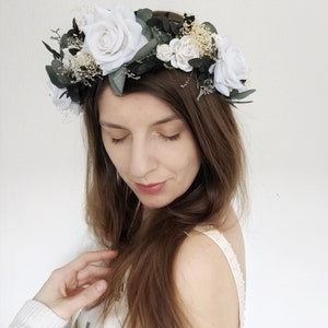 Eucalyptus bridal hair wreath Eucalyptus and white roses crown Greenery wedding Boho flower crown Fairycore Flower boho wreath Bride to be image 8