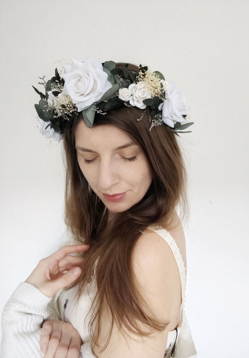 Eucalyptus bridal hair wreath Eucalyptus and white roses crown Greenery wedding Boho flower crown Fairycore Flower boho wreath Bride to be image 8