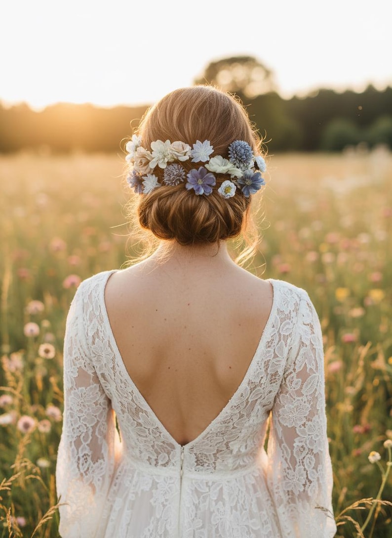 K&ouml;nnte beinhalten: Eine Person tr&auml;gt ein wei&szlig;es Spitzenkleid mit tiefem R&uuml;ckenausschnitt und langen &Auml;rmeln sowie einen Blumenkranz aus wei&szlig;en und blauen Blumen. Das Foto ist von hinten aufgenommen, mit einem Feld aus Wildblumen im Hintergrund.