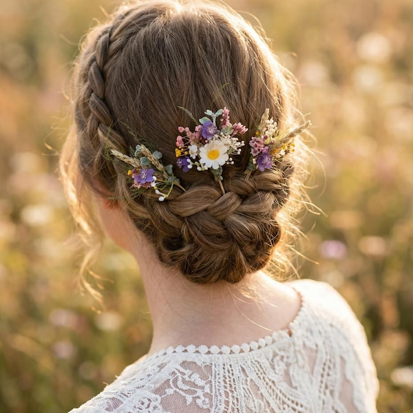 Wildflower Hair Pins Set, Boho Bridal Accessories, Meadow Flower Clips, Rustic Wedding, Bridesmaid Pieces
