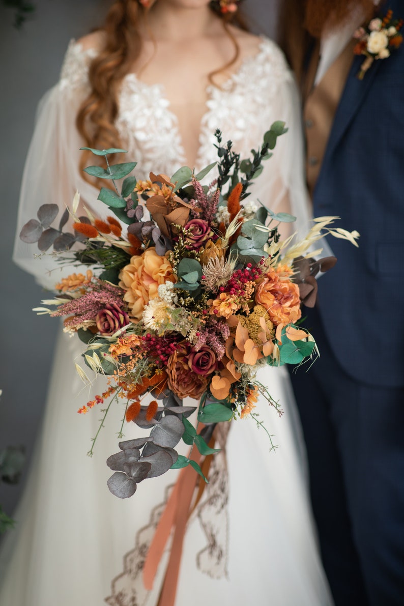 Large boho wedding bouquet Fall burnt orange bridal bouquet Autumn bridal accessories Rustic bride to be Custom eucalyptus bouquet Magaela 画像 10