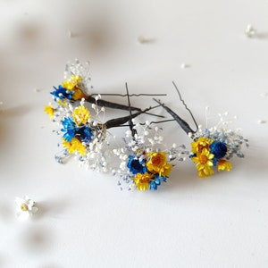 Blue and yellow flower hairpins Bridal hairpins Preserved flowers Bridal hair accessories Natural preserved headpiece Rustic wedding Magaela