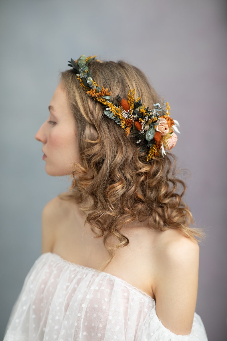 Boho wedding headpiece Bohemian flower crown Terraccota wedding Hair wreath with hair comb Summer wedding Autumn wedding Cottagecore Magaela image 8