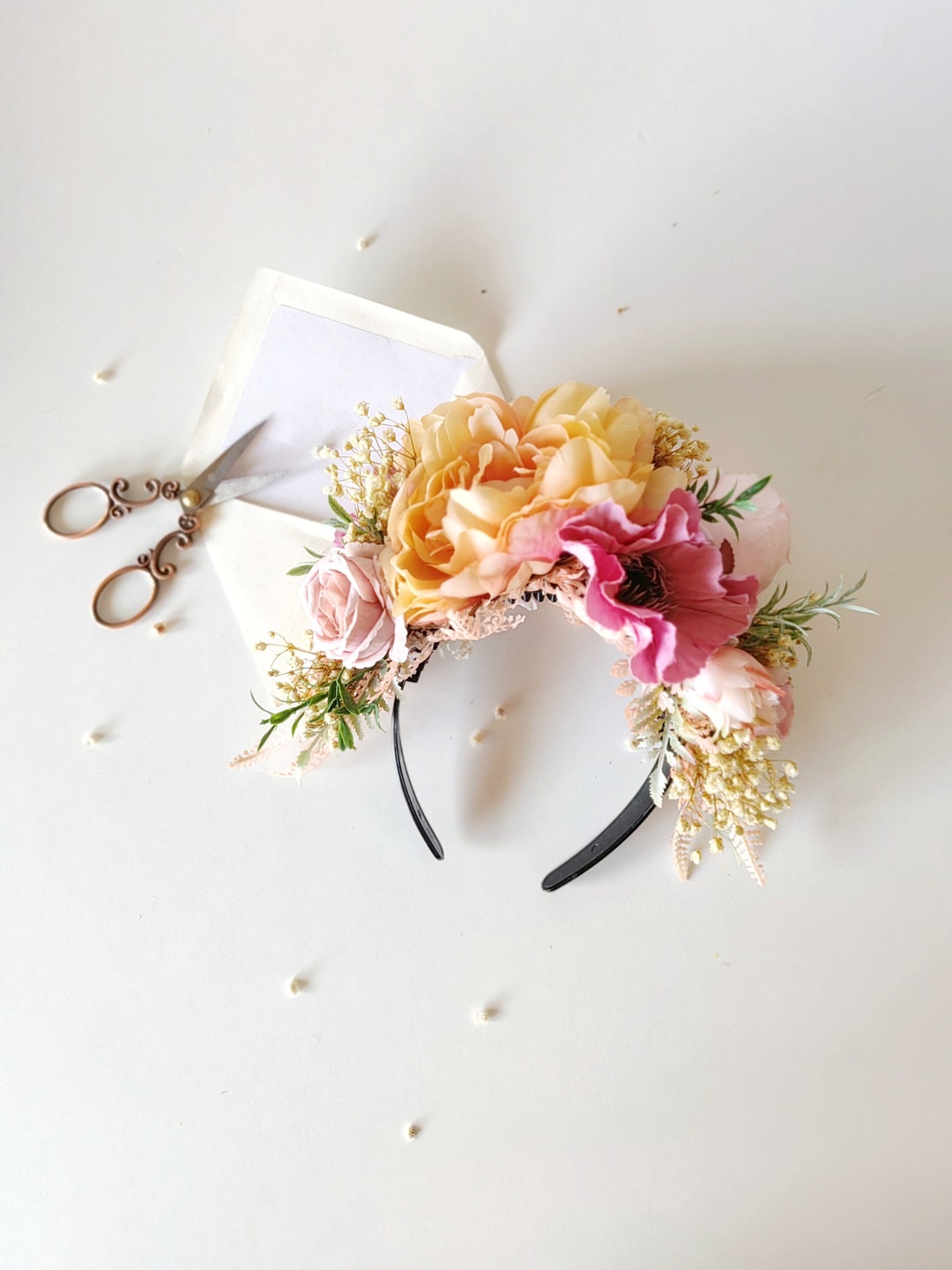 Peach Fuzz Frida Flower Headband: Double Sided Floral Crown  display picture 3