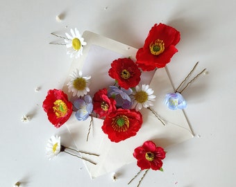 Meadow flowers Wild flowers Poppy flowers Bridal hair Hairpins Flower hair Hair accessories Summer wedding Folk Boho wedding Hairstyle Bride