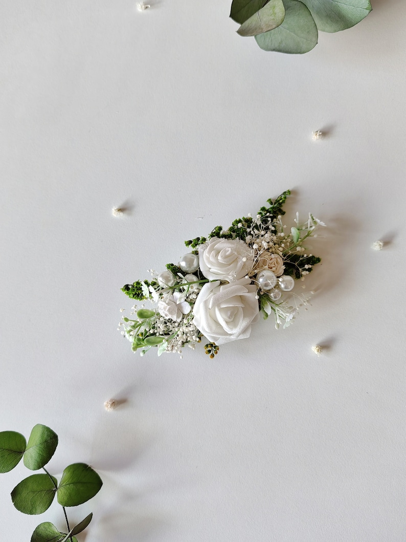 First holy communion clip with roses and pearls Flower hair comb Barrette flower clip Flower girl Bridal accessories White flower headpiece image 7