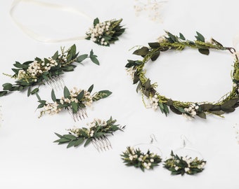 Ensemble de mariage de verdure Couronne de fleurs Bracelet pour la mariée Petit peigne à cheveux de verdure Mariage souffle de bébé Mariée 2021 Fait main Magaela Fait sur mesure